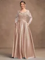 A-Line/Princess Satin Applique V-neck Long Sleeves Floor-Length Mother of the Bride Dresses