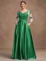 A-Line/Princess Satin Applique V-neck Long Sleeves Floor-Length Mother of the Bride Dresses