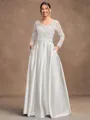 A-Line/Princess Satin Applique V-neck Long Sleeves Floor-Length Mother of the Bride Dresses