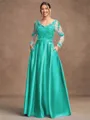A-Line/Princess Satin Applique V-neck Long Sleeves Floor-Length Mother of the Bride Dresses