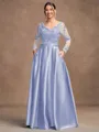 A-Line/Princess Satin Applique V-neck Long Sleeves Floor-Length Mother of the Bride Dresses