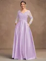 A-Line/Princess Satin Applique V-neck Long Sleeves Floor-Length Mother of the Bride Dresses