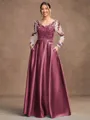 A-Line/Princess Satin Applique V-neck Long Sleeves Floor-Length Mother of the Bride Dresses