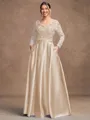 A-Line/Princess Satin Applique V-neck Long Sleeves Floor-Length Mother of the Bride Dresses