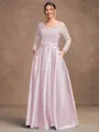 A-Line/Princess Satin Applique V-neck Long Sleeves Floor-Length Mother of the Bride Dresses