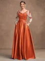 A-Line/Princess Satin Applique V-neck Long Sleeves Floor-Length Mother of the Bride Dresses