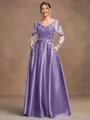 A-Line/Princess Satin Applique V-neck Long Sleeves Floor-Length Mother of the Bride Dresses