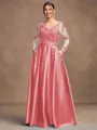 A-Line/Princess Satin Applique V-neck Long Sleeves Floor-Length Mother of the Bride Dresses