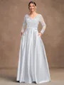A-Line/Princess Satin Applique V-neck Long Sleeves Floor-Length Mother of the Bride Dresses