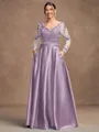 A-Line/Princess Satin Applique V-neck Long Sleeves Floor-Length Mother of the Bride Dresses