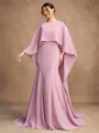 Sheath/Column Chiffon Ruffles Scoop Long Sleeves Sweep/Brush Train Mother of the Bride Dresses