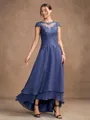 A-Line/Princess Chiffon Applique Scoop Short Sleeves Asymmetrical Mother of the Bride Dresses