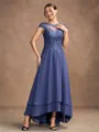 A-Line/Princess Chiffon Applique Scoop Short Sleeves Asymmetrical Mother of the Bride Dresses