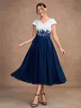 A-Line/Princess Chiffon Applique V-neck Short Sleeves Tea-Length Mother of the Bride Dresses