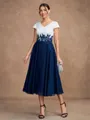 A-Line/Princess Chiffon Applique V-neck Short Sleeves Tea-Length Mother of the Bride Dresses