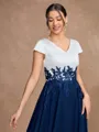A-Line/Princess Chiffon Applique V-neck Short Sleeves Tea-Length Mother of the Bride Dresses