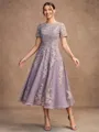 A-Line/Princess Chiffon Lace Scoop Short Sleeves Tea-Length Mother of the Bride Dresses