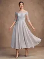 A-Line/Princess Chiffon Lace Scoop 3/4 Sleeves Tea-Length Mother of the Bride Dresses