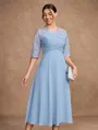 A-Line/Princess Chiffon Lace Scoop 1/2 Sleeves Tea-Length Mother of the Bride Dresses