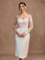 Sheath/Column Satin Lace V-neck Long Sleeves Knee-Length Mother of the Bride Dresses