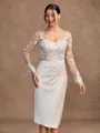 Sheath/Column Satin Lace V-neck Long Sleeves Knee-Length Mother of the Bride Dresses