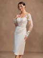 Sheath/Column Satin Lace V-neck Long Sleeves Knee-Length Mother of the Bride Dresses