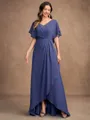 A-Line/Princess Chiffon Beading V-neck Short Sleeves Asymmetrical Mother of the Bride Dresses