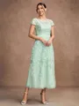A-Line/Princess Tulle Lace Scoop Short Sleeves Tea-Length Mother of the Bride Dresses