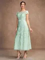 A-Line/Princess Tulle Lace Scoop Short Sleeves Tea-Length Mother of the Bride Dresses