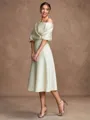 A-Line/Princess Charmeuse Ruched Off-the-Shoulder 1/2 Sleeves Tea-Length Mother of the Bride Dresses