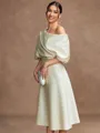 A-Line/Princess Charmeuse Ruched Off-the-Shoulder 1/2 Sleeves Tea-Length Mother of the Bride Dresses