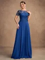 A-line Scoop Short Sleeves Appliques Lace Floor-Length Chiffon Mother of the Bride Dress