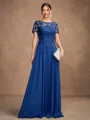A-line Scoop Short Sleeves Appliques Lace Floor-Length Chiffon Mother of the Bride Dress