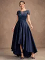 A-line Scoop Short Sleeves Appliques Lace Asymmetrical Satin Mother of the Bride Dress