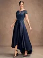 A-line Scoop Short Sleeves Appliques Lace Asymmetrical Satin Mother of the Bride Dress