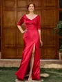 Sheath V-neck 1/2 Sleeves Appliques Lace Floor-Length Silk Like Satin Mother of the Bride Dress