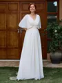 A-line V-neck 1/2 Sleeves Pleated Floor-Length Chiffon Mother of the Bride Dress