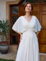 A-line V-neck 1/2 Sleeves Pleated Floor-Length Chiffon Mother of the Bride Dress
