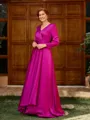 A-line V-neck 3/4 Sleeves Pleated Floor-Length Satin Chiffon Mother of the Bride Dress