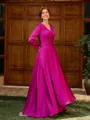 A-line V-neck 3/4 Sleeves Pleated Floor-Length Satin Chiffon Mother of the Bride Dress