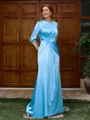 Sheath Scoop 1/2 Sleeves Pleated Floor-Length Silk Like Satin Mother of the Bride Dress