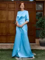 Sheath Scoop 1/2 Sleeves Pleated Floor-Length Silk Like Satin Mother of the Bride Dress