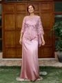 Sheath Scoop 3/4 Sleeves Appliques Lace Floor-Length Silk Like Satin Mother of the Bride Dress