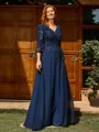 A-line V-neck 3/4 Sleeves Appliques Lace Floor-Length Chiffon Mother of the Bride Dress