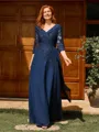 A-line V-neck 3/4 Sleeves Appliques Lace Floor-Length Chiffon Mother of the Bride Dress