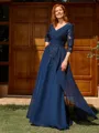 A-line V-neck 3/4 Sleeves Appliques Lace Floor-Length Chiffon Mother of the Bride Dress