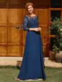 A-line Scoop 3/4 Sleeves Appliques Lace Floor-Length Chiffon Mother of the Bride Dress