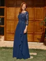 A-line Scoop 3/4 Sleeves Appliques Lace Floor-Length Chiffon Mother of the Bride Dress
