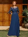 A-line Scoop 3/4 Sleeves Appliques Lace Floor-Length Chiffon Mother of the Bride Dress