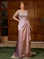 Sheath Scoop 1/2 Sleeves Appliques Lace Floor-Length Silk Like Satin Mother of the Bride Dress